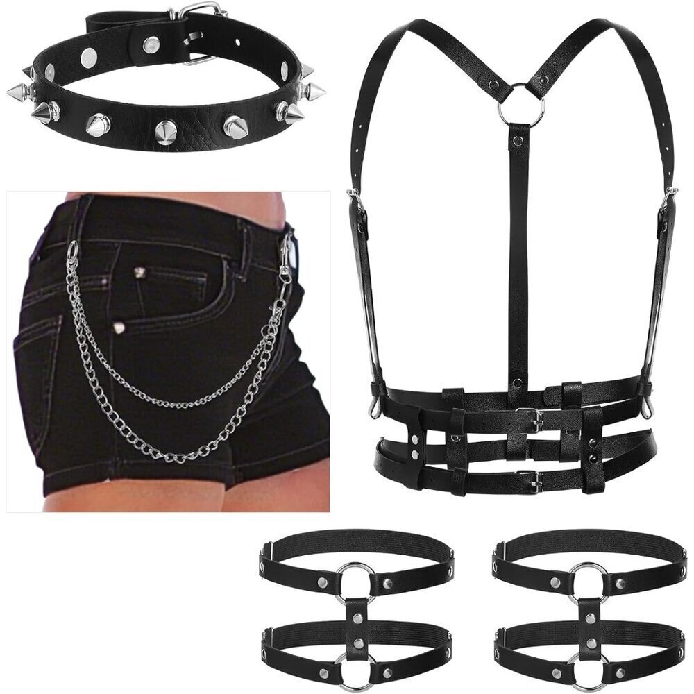Women's Punk leather harness set jewelry waist belt goth Halloween costume